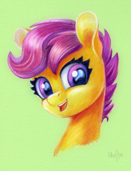 Size: 768x1000 | Tagged: safe, artist:maytee, part of a set, scootaloo, pegasus, pony, g4, bust, commission, green background, portrait, simple background, smiling, toned paper