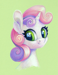 Size: 691x900 | Tagged: safe, artist:maytee, part of a set, sweetie belle, pony, unicorn, g4, bust, commission, green background, horn, portrait, simple background, smiling, toned paper