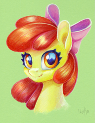 Size: 691x900 | Tagged: safe, artist:maytee, part of a set, apple bloom, earth pony, pony, g4, bust, commission, green background, portrait, simple background, smiling, toned paper