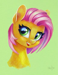 Size: 691x900 | Tagged: safe, artist:maytee, part of a set, babs seed, earth pony, pony, g4, bust, commission, green background, portrait, simple background, smiling, toned paper