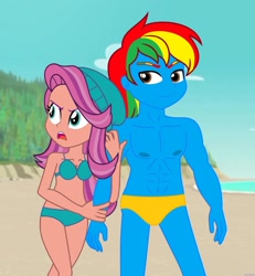 Size: 1871x2027 | Tagged: safe, artist:alexisburns1790, sunny starscout, oc, oc:shield wing, equestria girls, g4, g5, abs, beach, beanie, bikini, boxers, bra, clothes, female, g5 to g4, generation leap, hat, male, swimsuit, underwear