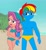 Size: 1871x2027 | Tagged: safe, artist:alexisburns1790, sunny starscout, oc, oc:shield wing, equestria girls, g4, g5, abs, beach, beanie, bikini, boxers, bra, clothes, female, g5 to g4, generation leap, hat, male, recolor, swimsuit, underwear