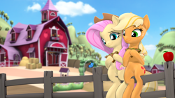 Size: 3840x2160 | Tagged: safe, artist:owlpirate, applejack, fluttershy, butterfly, earth pony, pegasus, pony, 3d, 4k, accessory swap, apple, applejack's hat, barn, cowboy hat, cute, eating, female, food, hat, high res, hoof hold, lesbian, looking at something, mare, sandwich, ship:appleshy, shipping, sitting, smiling, source filmmaker, sweet apple acres