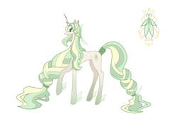 Size: 1455x1092 | Tagged: safe, artist:mouyu80371, oc, oc only, pony, unicorn, cream coat, green mane, green tail, horn, multicolored hair, multicolored tail, raised hoof, ref, simple background, solo, tail, tan coat, white background, yellow mane, yellow tail