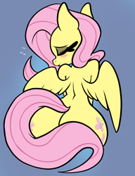 Size: 1668x2174 | Tagged: safe, artist:steelsoul, fluttershy, pegasus, pony, semi-anthro, g4, back, butt, censored butt, embarrassed, eyes closed, female, flutterbutt, human shoulders, looking back, mare, plot, sitting, solo, strategically covered
