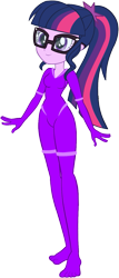 Size: 653x1526 | Tagged: safe, artist:invisibleink, artist:tylerajohnson352, sci-twi, twilight sparkle, human, equestria girls, g4, bodysuit, clothes, cyberspace, digitized, digitized body, glasses, glowing body, ponytail, purple, simple background, solo, transparent background