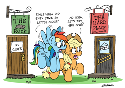 Size: 2498x1758 | Tagged: safe, artist:bobthedalek, applejack, rainbow dash, earth pony, pegasus, pony, g4, applejack's hat, atg 2024, choice, cowboy hat, decision, door, duo, duo female, female, flying, freckles, hat, mare, newbie artist training grounds, open mouth, pub, pun, sign, visual pun