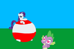 Size: 1280x854 | Tagged: safe, artist:simonstudio587, rarity, spike, dragon, pony, unicorn, 1000 hours in ms paint, bloated, blue sky, duo, eyeshadow, female, grass, grass field, heart, heart eyes, horn, lidded eyes, makeup, male, mare, ship:sparity, shipping, smiling, straight, wingding eyes, yoga
