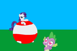 Size: 1280x854 | Tagged: artist needed, safe, artist:simonstudio587, rarity, spike, dragon, pony, unicorn, g4, 1000 hours in ms paint, bloated, blue sky, circle tool, duo, duo male and female, eyeshadow, female, grass, grass field, heart, heart eyes, horn, inflation, lidded eyes, makeup, male, mare, ship:sparity, shipping, smiling, spherical inflation, straight, wingding eyes, yoga