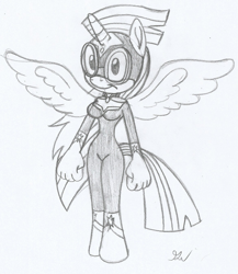 Size: 1169x1346 | Tagged: safe, artist:lol20, masked matter-horn, twilight sparkle, alicorn, anthro, g4, breasts, busty twilight sparkle, clothes, costume, female, monochrome, simple background, smiling, solo, sonic design, traditional art, twilight sparkle (alicorn), white background