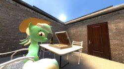 Size: 1080x606 | Tagged: safe, artist:ports2005, lyra heartstrings, pony, 3d, chair, food, gmod, happy, hat, looking at you, pizza, sky, summer, sun, table