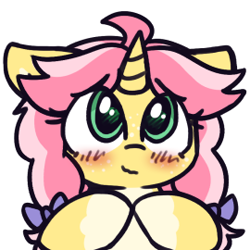 Size: 270x270 | Tagged: safe, artist:rivibaes, oc, oc only, oc:crafty circles, unicorn, blushing, bow, bust, coat markings, colored belly, cute, female, filly, floppy ears, foal, freckles, hair bow, hoof tapping, horn, looking at you, simple background, smiling, socks (coat markings), solo, transparent background, wavy mouth