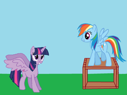 Size: 1371x1026 | Tagged: safe, artist:qjosh, rainbow dash, twilight sparkle, alicorn, pegasus, pony, g4, 1000 hours in ms paint, box, duo, duo female, female, inanimate tf, transformation, transformation sequence, twilight sparkle (alicorn)