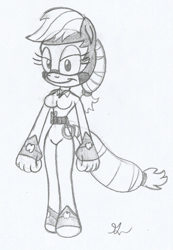 Size: 893x1292 | Tagged: safe, artist:lol20, applejack, mistress marevelous, earth pony, anthro, g4, alternate design, breasts, busty applejack, clothes, costume, female, lidded eyes, monochrome, simple background, smiling, solo, sonic design, traditional art, white background