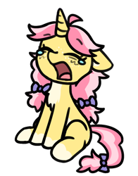 Size: 664x845 | Tagged: safe, artist:rivibaes, oc, oc only, oc:crafty circles, pony, unicorn, bow, chest fluff, coat markings, colored belly, cute, female, filly, floppy ears, foal, freckles, hair bow, horn, not kettle corn, open mouth, sitting, socks (coat markings), solo, tail, tail bow, teary eyes, tired, yawn