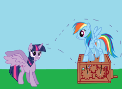 Size: 1406x1026 | Tagged: safe, artist:qjosh, rainbow dash, twilight sparkle, alicorn, pegasus, pony, g4, 1000 hours in ms paint, duo, duo female, female, inanimate tf, magic, toy, transformation, transformation sequence, twilight sparkle (alicorn)