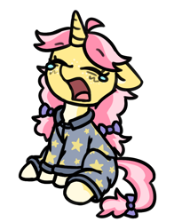 Size: 664x845 | Tagged: safe, artist:rivibaes, oc, oc only, oc:crafty circles, pony, unicorn, bow, clothes, coat markings, colored belly, cute, female, filly, floppy ears, foal, freckles, hair bow, horn, open mouth, pajamas, sitting, socks (coat markings), solo, stars, tail, tail bow, teary eyes, tired, yawn