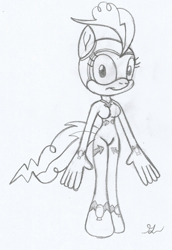 Size: 896x1301 | Tagged: safe, artist:lol20, pinkie pie, earth pony, anthro, alternate design, breasts, busty pinkie pie, clothes, costume, female, fili second, monochrome, simple background, smiling, solo, solo female, sonic design, white background