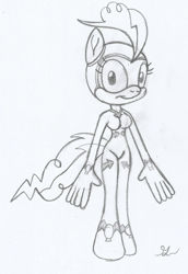 Size: 896x1301 | Tagged: safe, artist:lol20, fili-second, pinkie pie, earth pony, anthro, g4, alternate design, breasts, busty pinkie pie, clothes, costume, female, monochrome, simple background, smiling, solo, sonic design, traditional art, white background