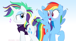 Size: 1480x806 | Tagged: safe, artist:lullapiies, rainbow dash, rarity, pony, alternate hairstyle, blushing, butt, plot, punk, raripunk, spread wings, wingboner, wings