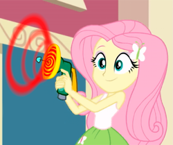 Size: 1007x840 | Tagged: safe, artist:paco777yuyu, fluttershy, human, equestria girls, g4, butterfly hairpin, clothes, female, fluttershy's casual outfit, hairpin, hypno gun, hypnosis, shirt, skirt, solo, tank top