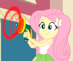 Size: 1007x840 | Tagged: safe, artist:paco777yuyu, edit, edited screencap, screencap, fluttershy, human, equestria girls, g4, butterfly hairpin, clothes, female, hairpin, hypno gun, hypnosis, skinny, skirt, smiling, solo, tank top, the adventures of jimmy neutron: boy genius, thin