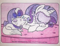 Size: 983x750 | Tagged: safe, artist:lullapiies, opalescence, rarity, pony, unicorn, g4, coloring page, duo, horn, sleep mask, traditional art