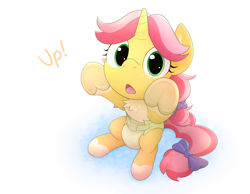 Size: 5972x4642 | Tagged: safe, artist:edrian, oc, oc only, oc:crafty circles, pony, unicorn, bow, butt freckles, chest fluff, coat markings, colored belly, cute, dialogue, diaper, diaper fetish, female, fetish, filly, foal, freckles, hair bow, high angle, horn, looking at you, non-baby in diaper, not kettle corn, offscreen character, open mouth, pigtails, pleading, pov, sitting, socks (coat markings), solo, tail, tail bow, talking to viewer, underhoof, upsies