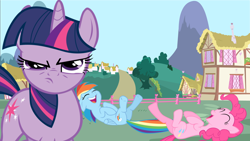 Size: 1920x1080 | Tagged: safe, artist:mm15766, pinkie pie, rainbow dash, twilight sparkle, pegasus, unicorn, g4, alternate universe, female, horn, laughing, ponyville, twilight sparkle is best facemaker, twilight sparkle is not amused, unamused, unicorn twilight