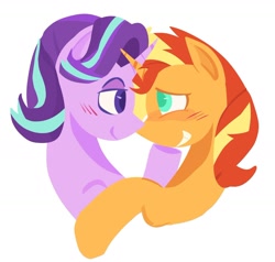 Size: 1456x1385 | Tagged: safe, artist:startrixfan, starlight glimmer, sunset shimmer, pony, unicorn, g4, blushing, cute, duo, duo female, female, horn, lesbian, looking at each other, looking at someone, ship:shimmerglimmer, shipping, simple background, white background