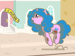 Size: 1800x1350 | Tagged: safe, artist:flutterluv, part of a set, izzy moonbow, pony, undead, unicorn, zombie, zombie pony, g5, atg 2024, caution tape, female, horn, maretime bay, newbie artist training grounds, part of a series, pronking, solo