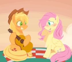 Size: 2048x1752 | Tagged: safe, artist:startrixfan, applejack, fluttershy, earth pony, pegasus, pony, g4, blushing, duo, female, grin, guitar, hat, heart, heart eyes, lesbian, musical instrument, picnic blanket, ship:appleshy, shipping, smiling, wingding eyes