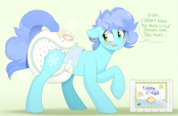 Size: 2377x1550 | Tagged: safe, artist:shuphle, oc, oc only, pony, abdl, adult foal, air pushed out of diaper, blushing, diaper, diaper fetish, diaper package, ear piercing, earring, female, fetish, jewelry, looking back, mare, non-baby in diaper, piercing, poofy diaper, raised hoof, solo, speech bubble, tail, tail hole, talking to herself