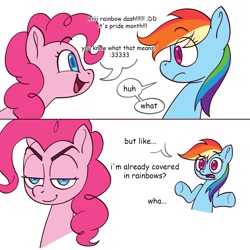 Size: 1599x1601 | Tagged: safe, artist:gummylovesart, pinkie pie, rainbow dash, earth pony, pegasus, pony, g4, 2 panel comic, :3, :d, breaking bad, comic, confused, dialogue, duo, duo female, female, mare, meme, open mouth, open smile, ponified meme, pride month, simple background, smiling, smirk, white background