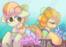 Size: 2800x2000 | Tagged: safe, artist:puppie, junebug, oc, oc:hallow boon, g4, bow, clothes, cute, flower, flower pot, gardening, hair bow, overalls, shaded sketch, singing, tail, tail bow, wingding eyes
