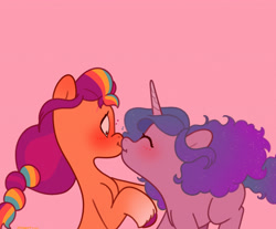 Size: 3000x2480 | Tagged: safe, artist:starburstuwu, izzy moonbow, sunny starscout, earth pony, pony, unicorn, g5, blushing, duo, duo female, eyes closed, female, high res, horn, kiss on the lips, kissing, lesbian, mare, pink background, ship:moonscout, shipping, simple background, surprise kiss
