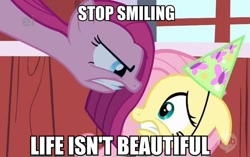 Size: 600x377 | Tagged: safe, edit, edited screencap, screencap, fluttershy, pinkie pie, earth pony, pegasus, pony, g4, party of one, 2013, angry, duo, edgy, floppy ears, gritted teeth, hat, hub logo, impact font, logo, looking at each other, looking at someone, meme, party hat, pinkamena diane pie, scared, teeth, the hub