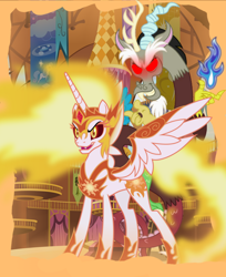 Size: 1600x1960 | Tagged: safe, artist:mm15766, daybreaker, discord, princess celestia, alicorn, draconequus, g4, alternate universe, concave belly, duo, female, indoors, male, slender, thin