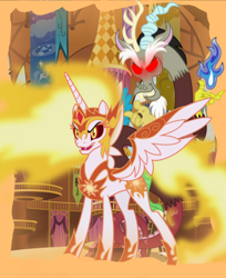 Size: 1600x1960 | Tagged: safe, artist:mm15766, daybreaker, discord, princess celestia, alicorn, draconequus, g4, alternate universe, concave belly, duo, duo male and female, female, indoors, male, ponyville town hall, slender, thin