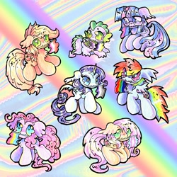 Size: 4000x4000 | Tagged: safe, artist:larvaecandy, applejack, fluttershy, pinkie pie, rainbow dash, rarity, spike, twilight sparkle, alicorn, dragon, earth pony, pegasus, pony, unicorn, g4, :3, abstract background, asexual pride flag, beanbrows, big eyes, big hooves, bilight sparkle, bisexual pride flag, blonde mane, blonde tail, blue coat, blue eyes, chest fluff, colored wings, curly mane, curly tail, curved horn, ear fluff, eye clipping through hair, eyebrows, eyelashes, female, floppy ears, folded wings, gay pride flag, glasses, green eyes, holding flag, horn, lesbian pride flag, looking back, mane seven, mane six, mare, mixed media, mouth hold, multicolored hair, multicolored mane, multicolored tail, narrowed eyes, nonbinary, nonbinary pride flag, nonbinary spike, orange coat, pansexual pride flag, pink coat, pink eyes, pink mane, pink tail, ponytail, pride, pride flag, pride month, pride ponies, purple coat, purple mane, purple tail, quadrupedal spike, rainbow background, rainbow hair, rainbow tail, raised hoof, ringlets, shiny mane, shiny tail, short horn, small wings, smiling, sparkly mane, sparkly tail, spiky mane, spiky tail, spread wings, standing, straight mane, straight tail, tail, tied mane, tied tail, trans fluttershy, transgender pride flag, twilight sparkle (alicorn), two toned wings, unicorn horn, white coat, wingding eyes, winged spike, wings, yellow coat