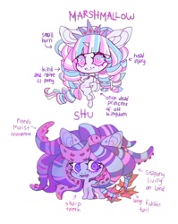 Size: 1259x1578 | Tagged: safe, artist:cutesykill, oc, oc only, oc:princess marshmallow, oc:shokoshu, monster pony, pony, sea pony, beanbrows, big ears, big eyes, big head, chibi, colored eyebrows, colored teeth, crown, decapitated, eyebrows, eyelashes, facial markings, fins, fish tail, flying, freckles, horn, jewelry, looking back, multicolored mane, multicolored tail, pink eyes, purple coat, purple eyes, purple teeth, purple text, rearing, regalia, ringlets, sea pony oc, sharp teeth, shrunken pupils, simple background, small wings, smiling, spikes, spread wings, standing, striped, striped tail, stripes, tail, teeth, tentacle mane, text, thick eyelashes, three toned mane, three toned tail, tiara, tri-color mane, tri-color tail, tri-colored mane, tri-colored tail, tricolor mane, tricolor tail, tricolored mane, two toned eyes, unicorn horn, white background, white coat, wide eyes, wings