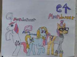 Size: 3525x2604 | Tagged: safe, artist:blackblade360, moondancer, moondancer (g1), moondancer (g3), earth pony, pony, unicorn, g1, g3, g4, blue coat, clothes, coat, colored pencil drawing, drawing, evolution, generation leap, glasses, horn, paper, tail, tan coat, traditional art, two toned mane, two toned tail, white coat