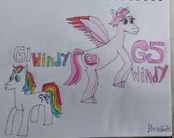 Size: 3290x2604 | Tagged: safe, artist:blackblade360, windy, windy (g1), pegasus, pony, unicorn, g1, g5, colored pencil drawing, colored wings, evolution, female, flying, horn, irl, mare, multicolored hair, paper, photo, rainbow hair, rainbow ponies, raised leg, signature, smiling, tail, traditional art, two toned mane, two toned tail, two toned wings, unshorn fetlocks, wings