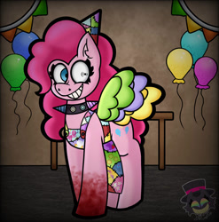 Size: 828x839 | Tagged: safe, artist:fizzythecart2nmaniac, pinkie pie, earth pony, g4, balloon, birthday party, creepy, creepy smile, cupcake, female, food, hat, party, party hat, smiling, solo