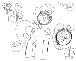 Size: 2000x1600 | Tagged: safe, artist:allhallowsboon, junebug, earth pony, pony, butt, chest fluff, female, females only, heart, mare, monochrome, question mark, sketch, sketch dump, smiling