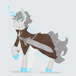 Size: 3000x3000 | Tagged: safe, artist:drawndreas, oc, oc:lancer thunderstride, pony, unicorn, blue eyes, cape, clothes, collar, commission, ear piercing, earring, electricity, gray mane, gray tail, grey hair, horn, jewelry, light skin, lightning, male, piercing, simple background, solo, stallion, sword, weapon, white background
