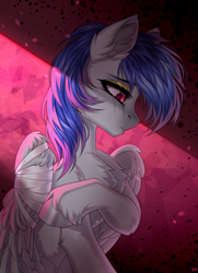 Size: 2440x3376 | Tagged: safe, artist:hakaina, oc, oc only, oc:fair mail, pegasus, pony, bandage, bandaged wing, chest fluff, colored, commission, concave belly, crying, ear fluff, eyeshadow, leg fluff, lighting, looking down, makeup, raised hoof, red eyes, sad, shading, side view, sitting, slender, thin, unshorn fetlocks, wings, ych result