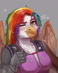 Size: 5000x6244 | Tagged: safe, artist:alisonandhope, oc, oc only, oc:rainbow feather, griffon, anthro, absurd resolution, breasts, bust, chest fluff, female, gray background, griffon oc, interspecies offspring, looking at you, magical lesbian spawn, offspring, one eye closed, parent:gilda, parent:rainbow dash, parents:gildash, robotic arm, simple background, smiling, smiling at you, solo, thumbs up, wink, winking at you