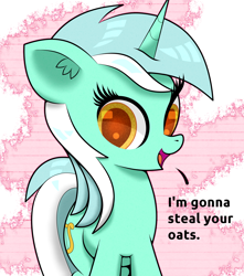 Size: 1500x1700 | Tagged: safe, artist:scandianon, lyra heartstrings, pony, unicorn, g4, female, horn, l.u.l.s., looking at you, mare, open mouth, open smile, smiling, solo, talking, that pony sure does love oats