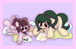 Size: 2800x1800 | Tagged: safe, artist:puppie, oc, oc:myrtle remedy, oc:raevyn, earth pony, pegasus, pony, big hooves, blanket, crayon, cute, drawing, female, hoof heart, lying down, mare, underhoof, wholesome, wingding eyes